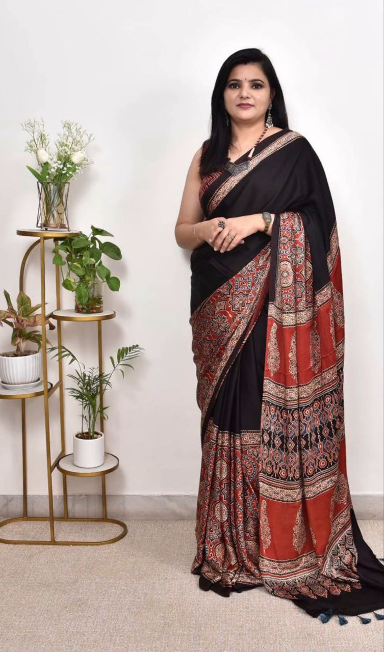New Designer Premium Ajrakh Printed Satin Saree
