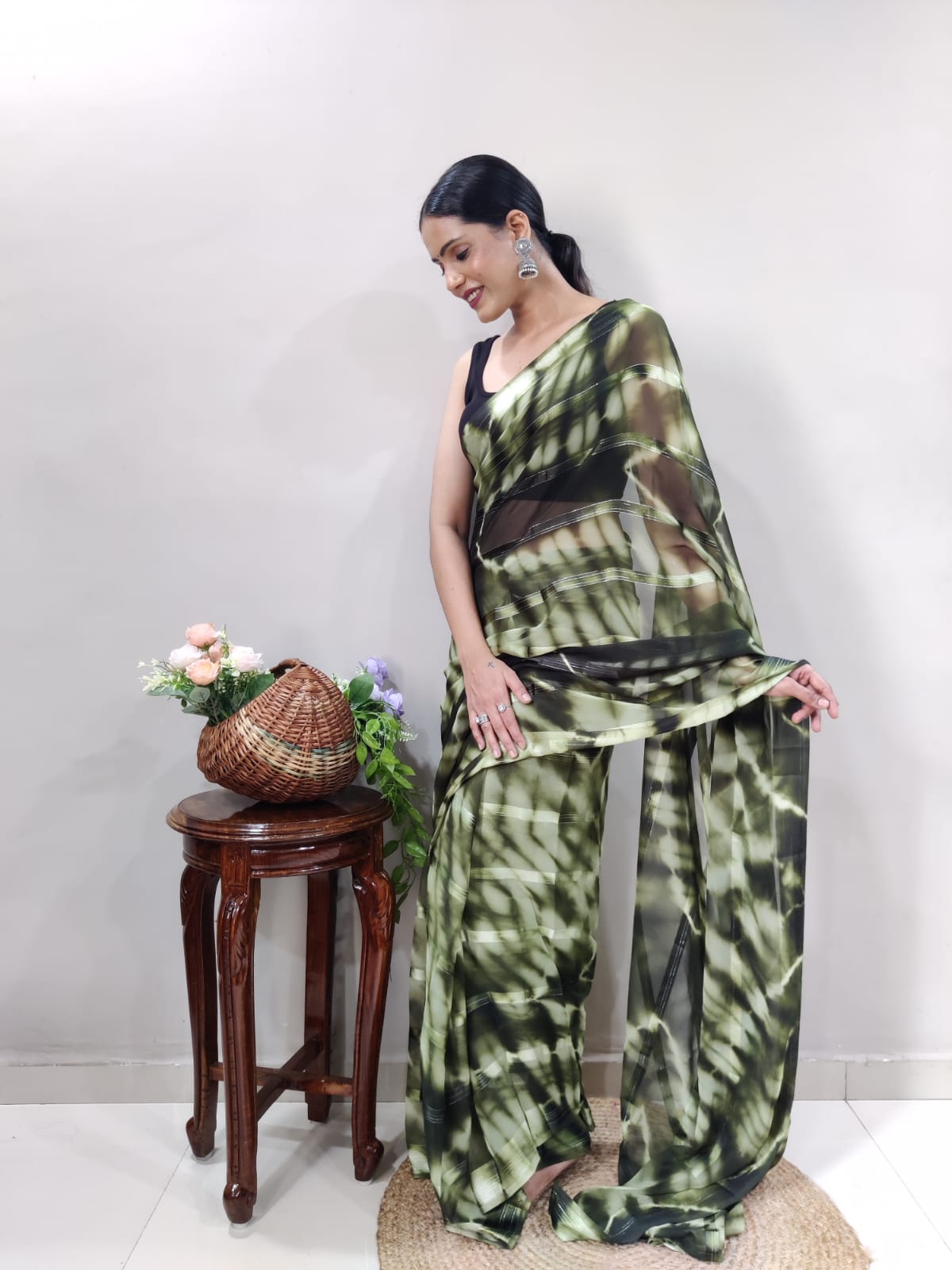 New One Minute Ready Wear Green Bandhani Georgette Saree