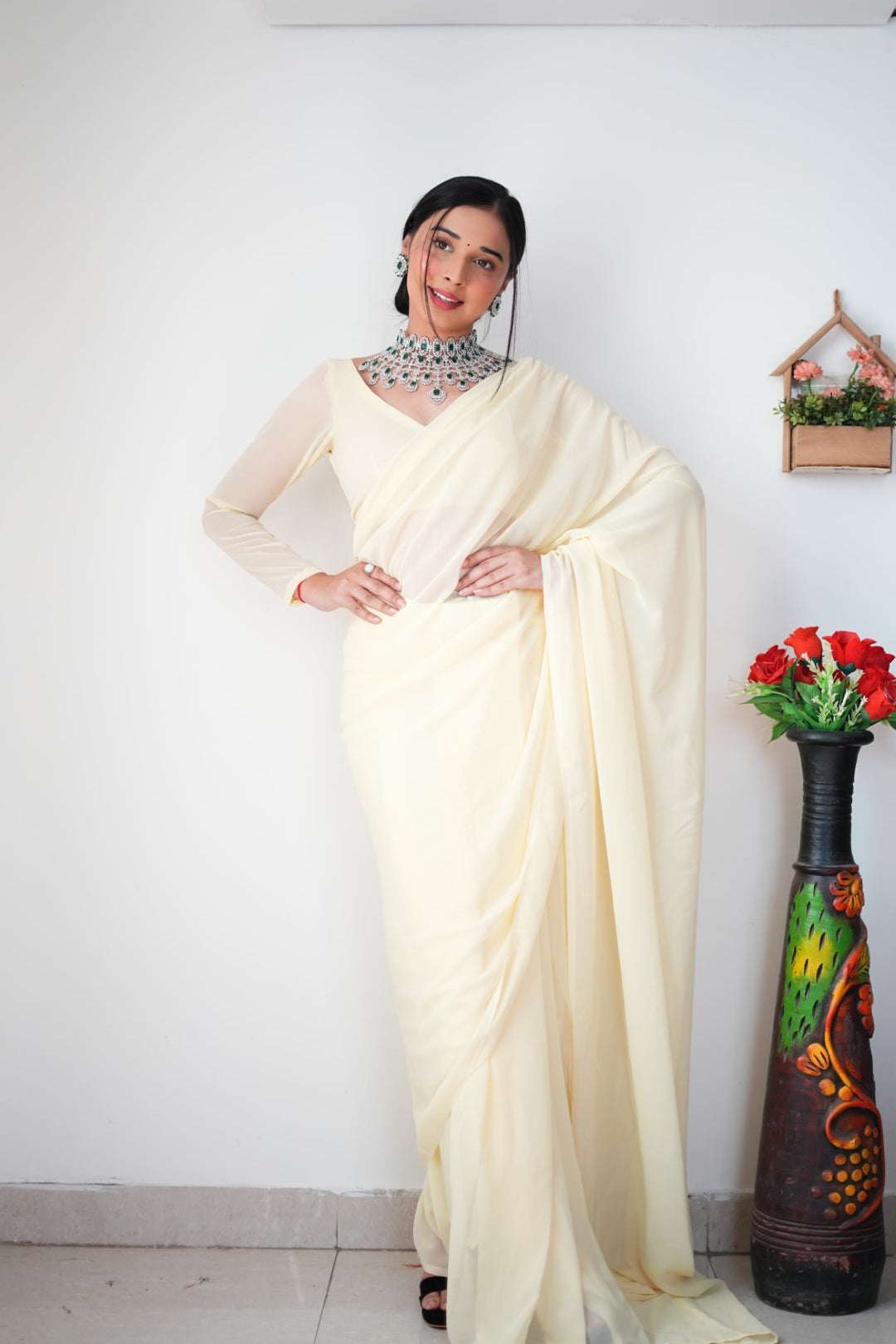 New One Minute Ready Wear Pastel Yellow Georgette Saree