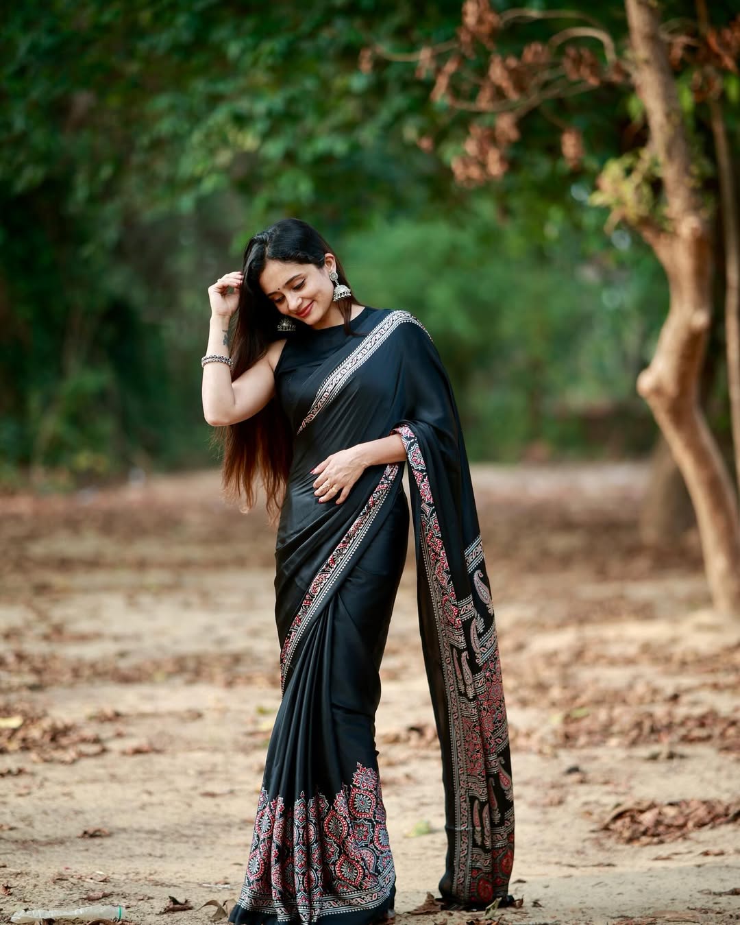 New One Minute Ready To Wear Digital Printed Crape Silk Black Saree