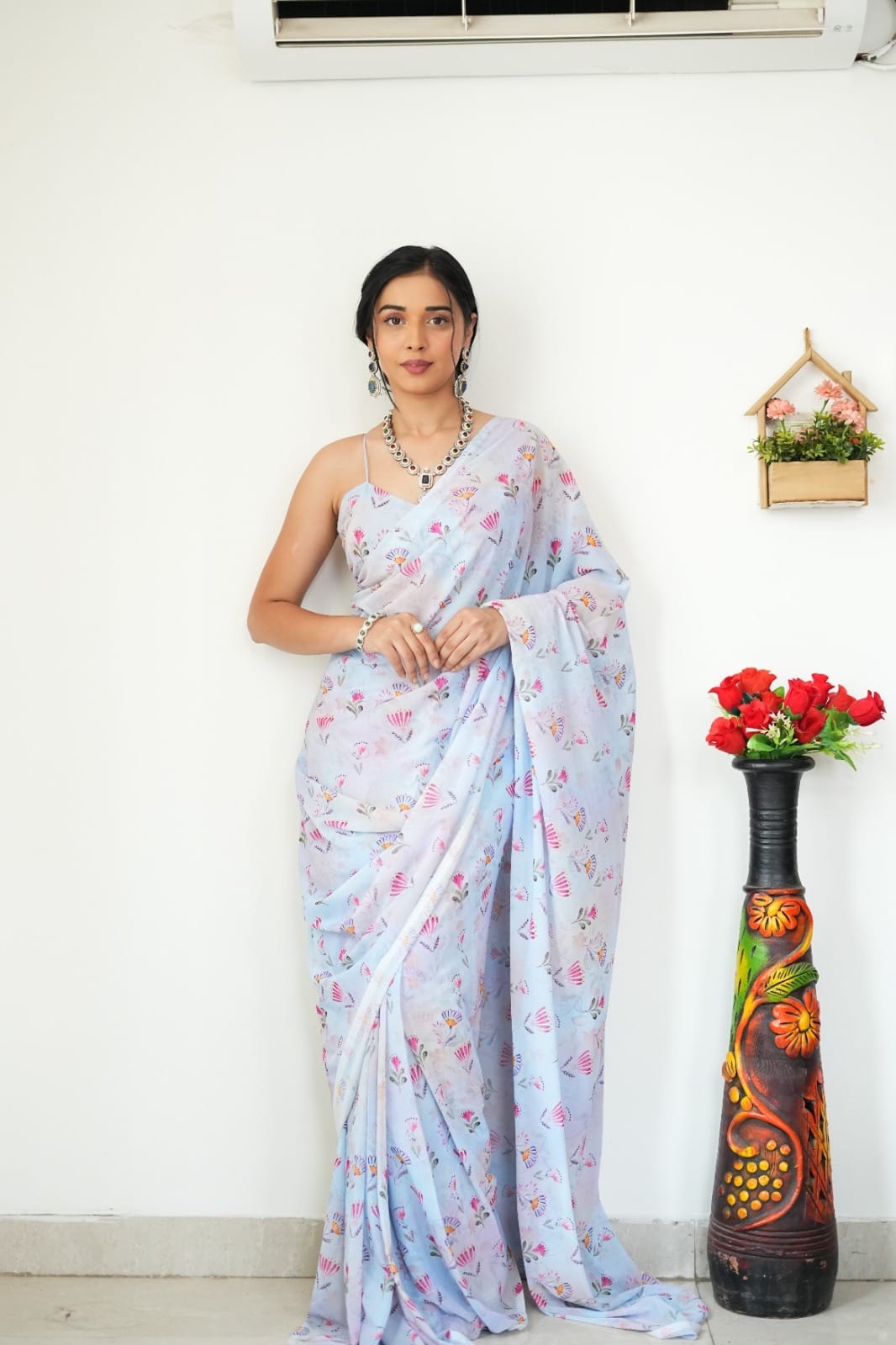 New One Minute Ready To Wear  Pure Soft Georgette Silk Multi Flower Design Light Blue Saree Along With Same Colour Unstiched Blouse Piece