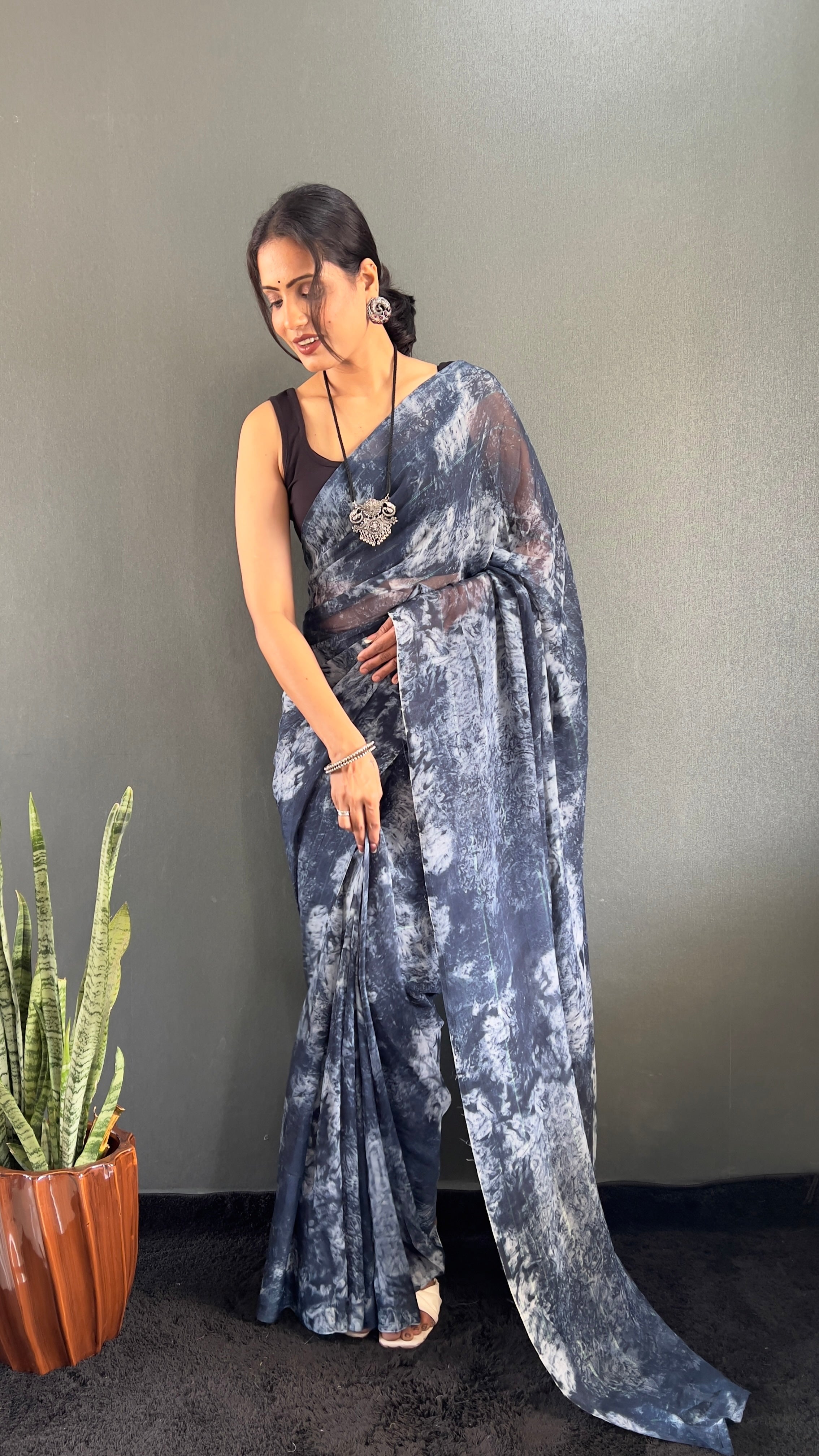 Adita One Minute Ready To Wear Navy Blue Saree With Unstiched Blouse