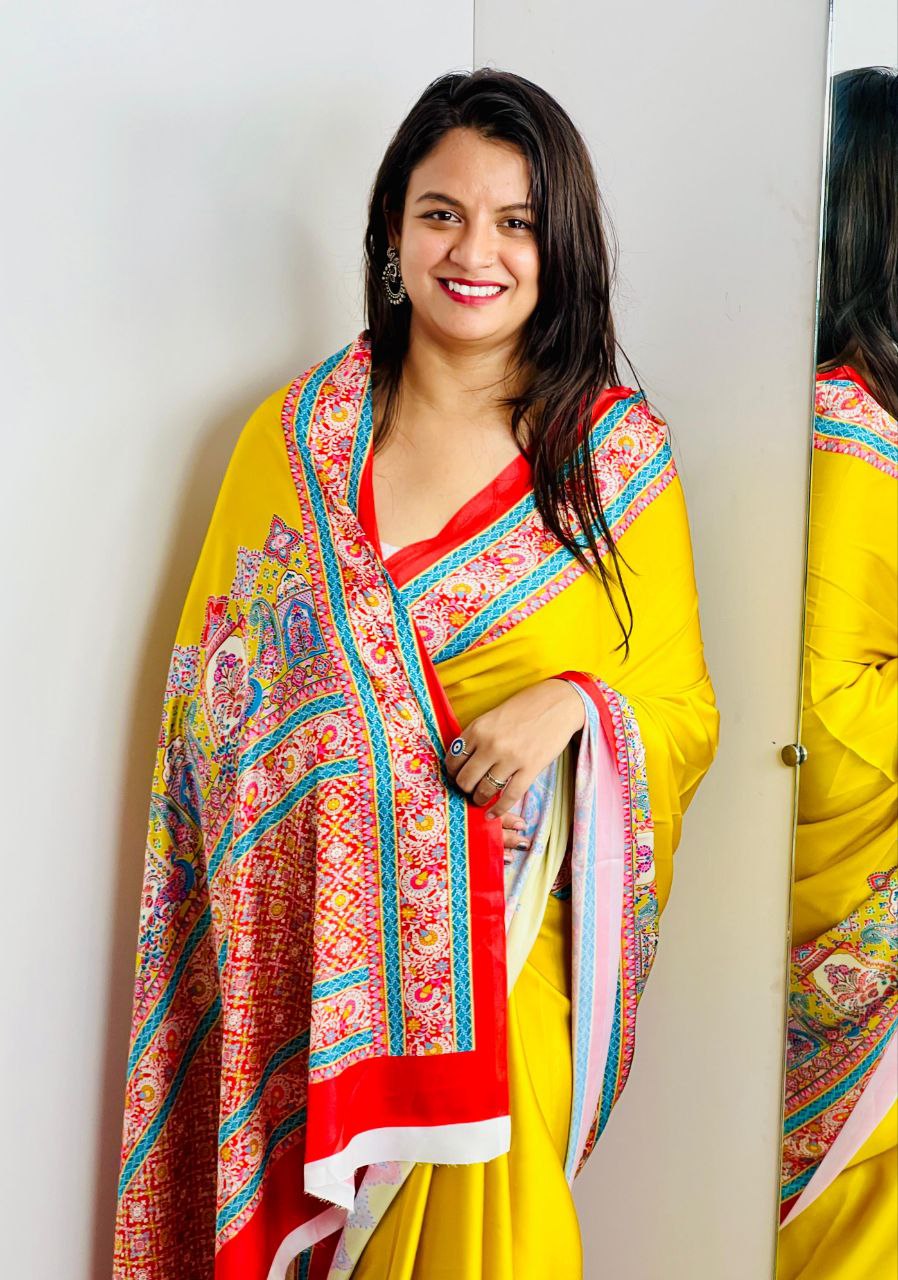 New Designer Premium Ajrakh Printed yellow Satin Saree