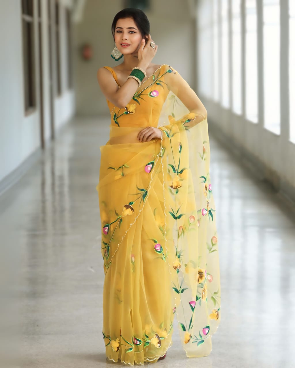 New One Minute Ready To Wear Soft Organza Silk Yellow Saree with Beautiful Hand Worked Moti  And Val Work With Unstiched Blouse Piece