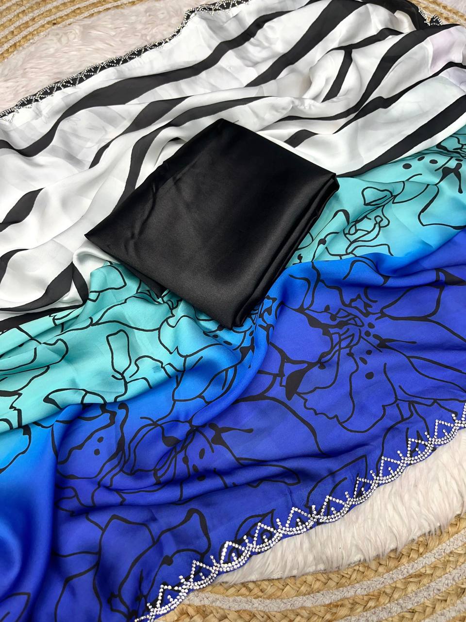 New Designer Bollywood Style Digital Printed Dual Blue Shade Soft Sattin Georgette Saree