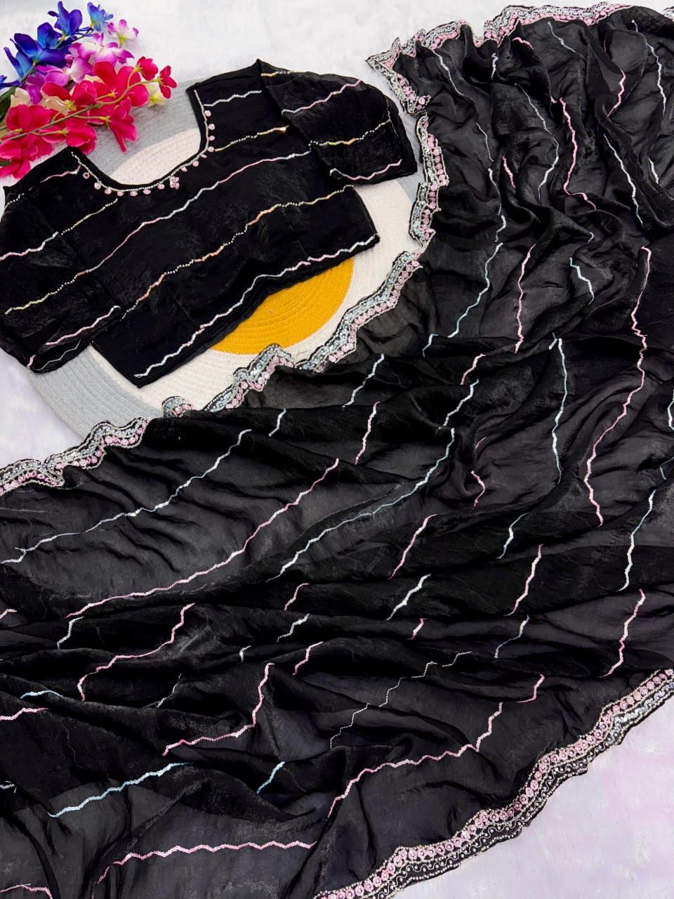 New Designer Fandy Sattin Saree With Brits Work - Black