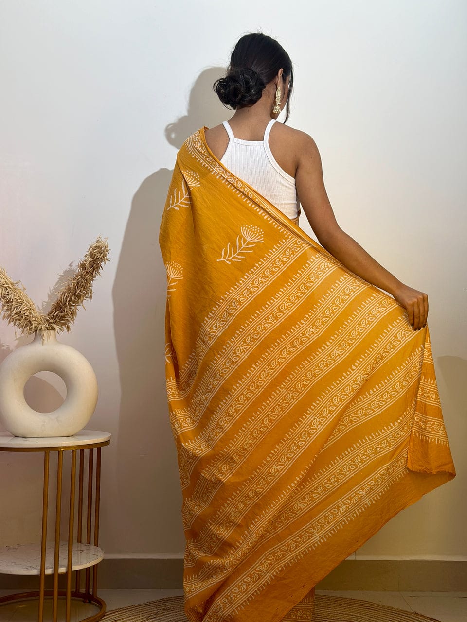 New One Minute Ready To Wear flower Printed Pure Soft Mul Cotton Silk Yellow Saree With  Pocket