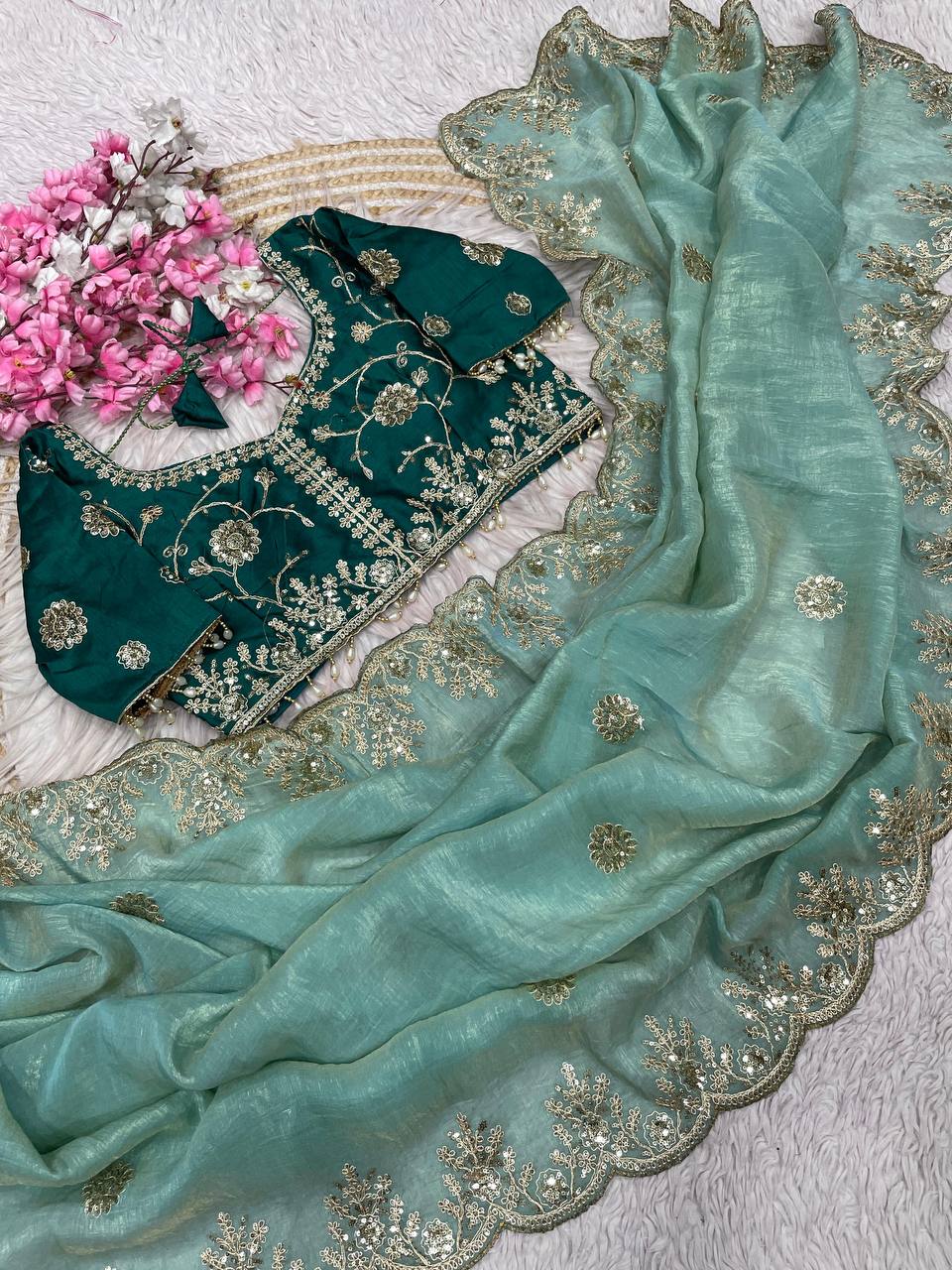 New Designer NC Vichitra Two Tone Teal Green Saree With Sequence Coding Embroidery Work