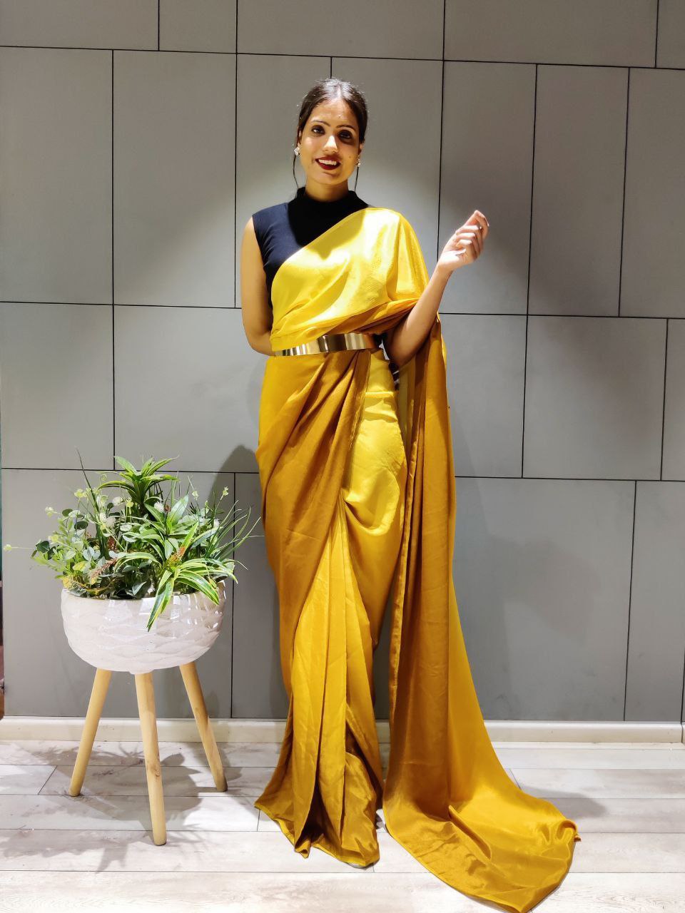 New One Minute Ready Wear Dual Yellow Tone Georgette Saree