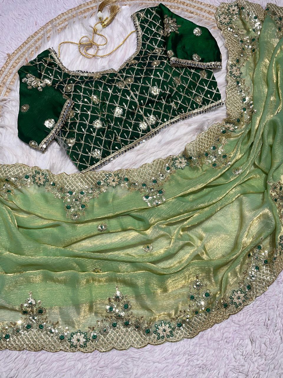 New Designer Fendy Chiffon Two Tone Saree - Green