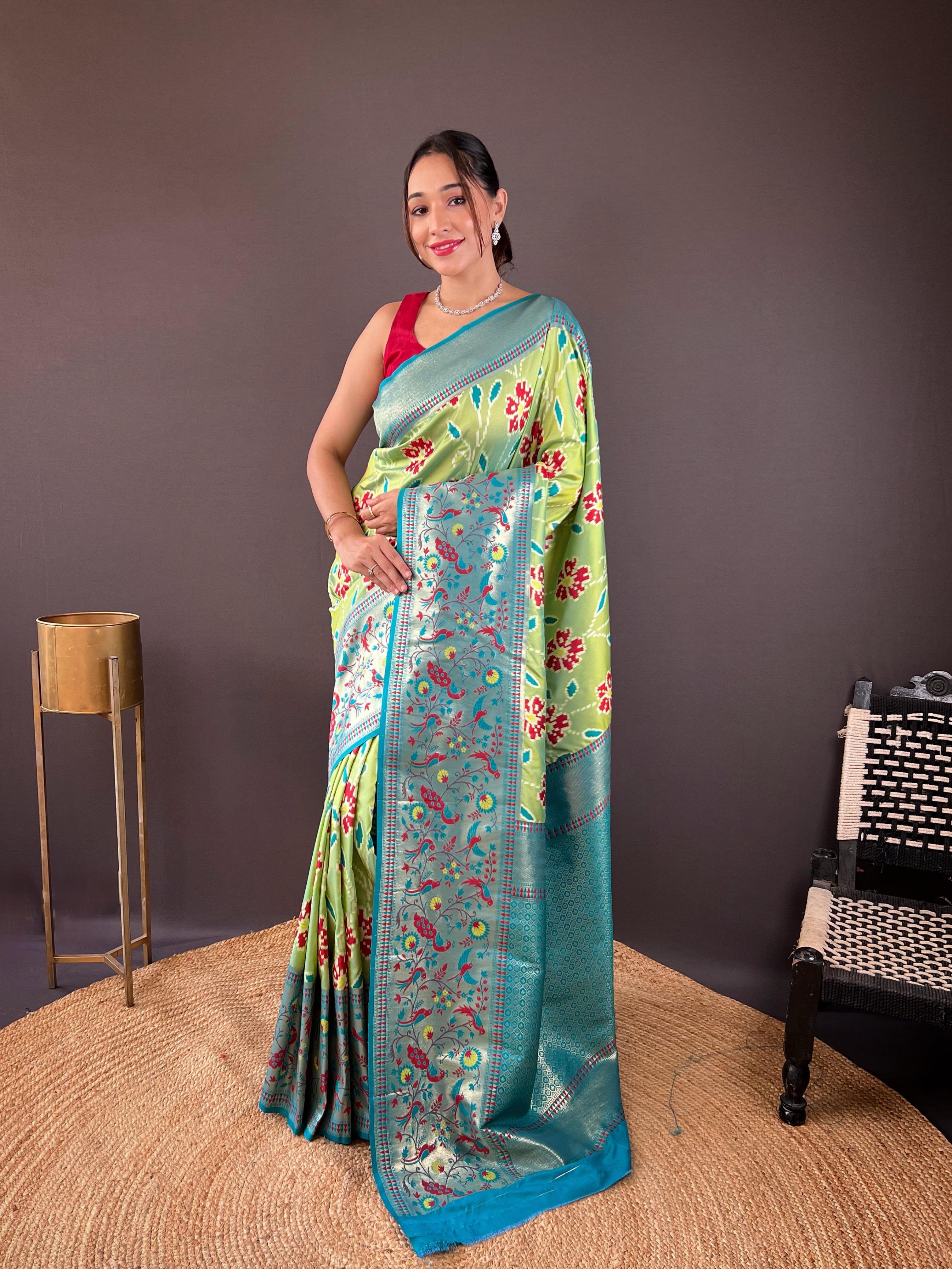 New Designer Premium Soft Silk Patola Weaved Parrot Green Saree With Unstiched Blouse Piece