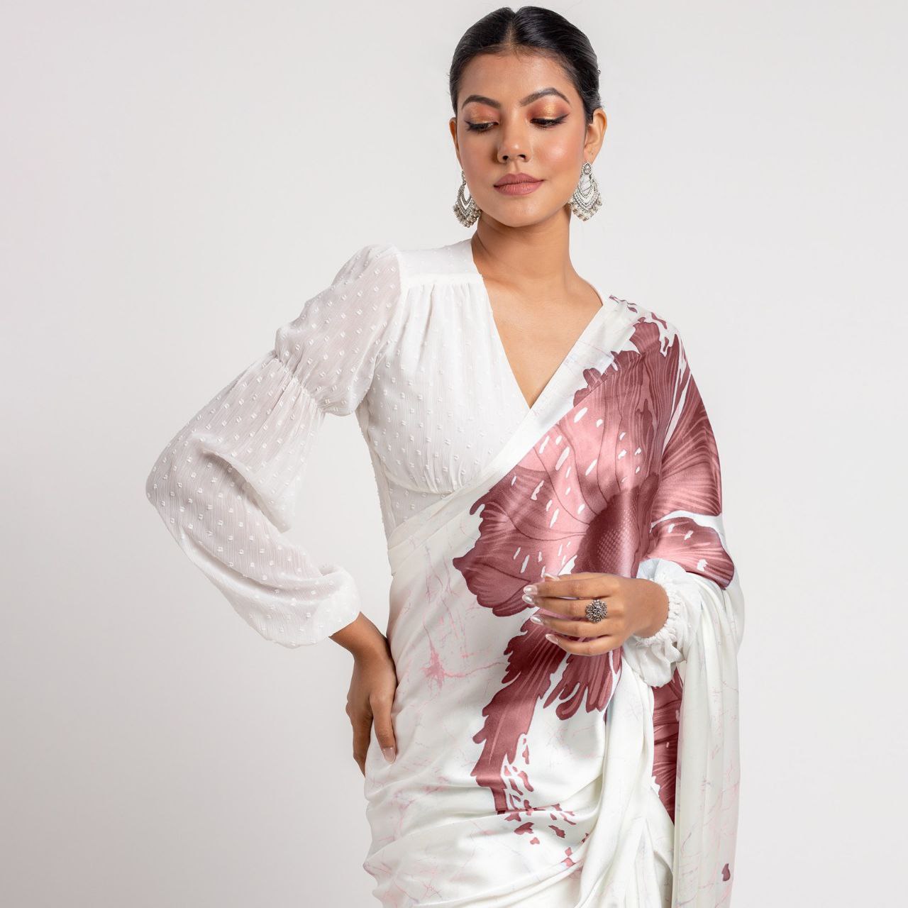 New Designer Original Japan Satin Devsena White Saree With Pastel Brown Flower Digital Print