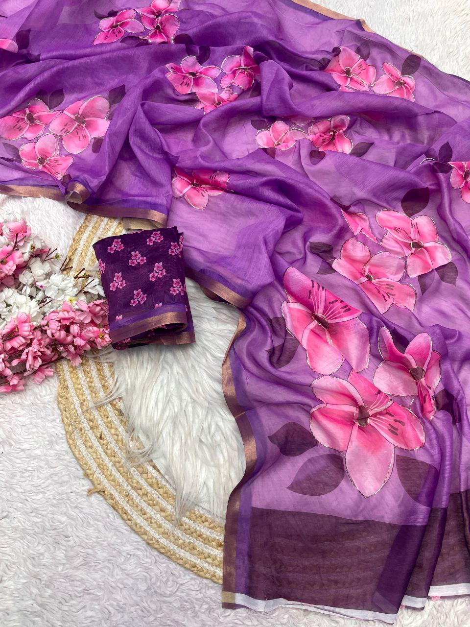 New Designer Digital Printed Chanderi Cotton Saree - Wine