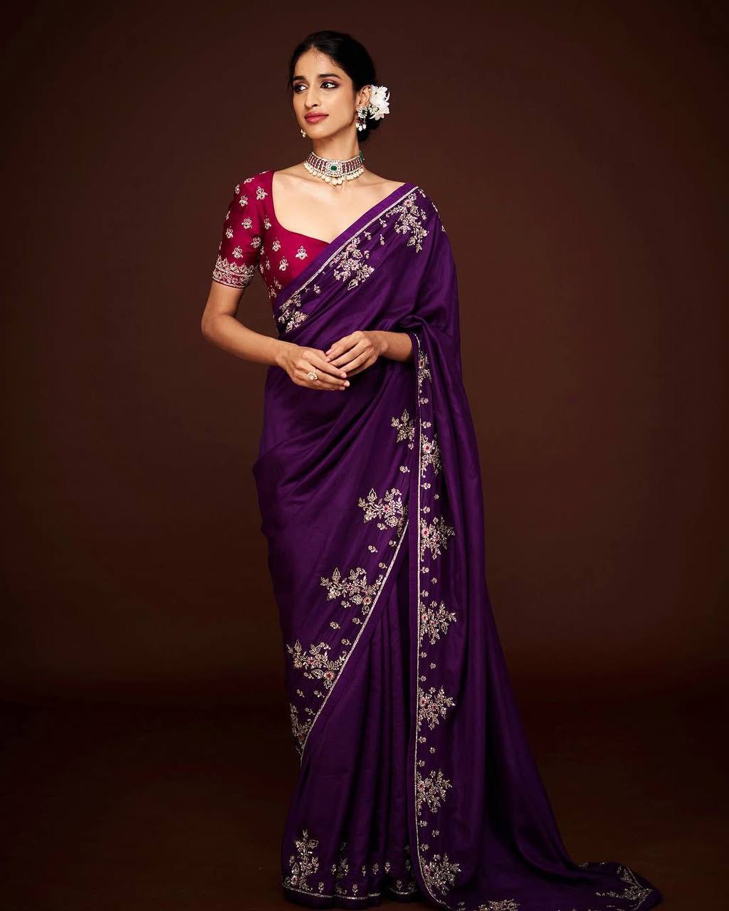 New Designer Natural Chinnon Purple Saree With Coding Sequence Embroidery Work