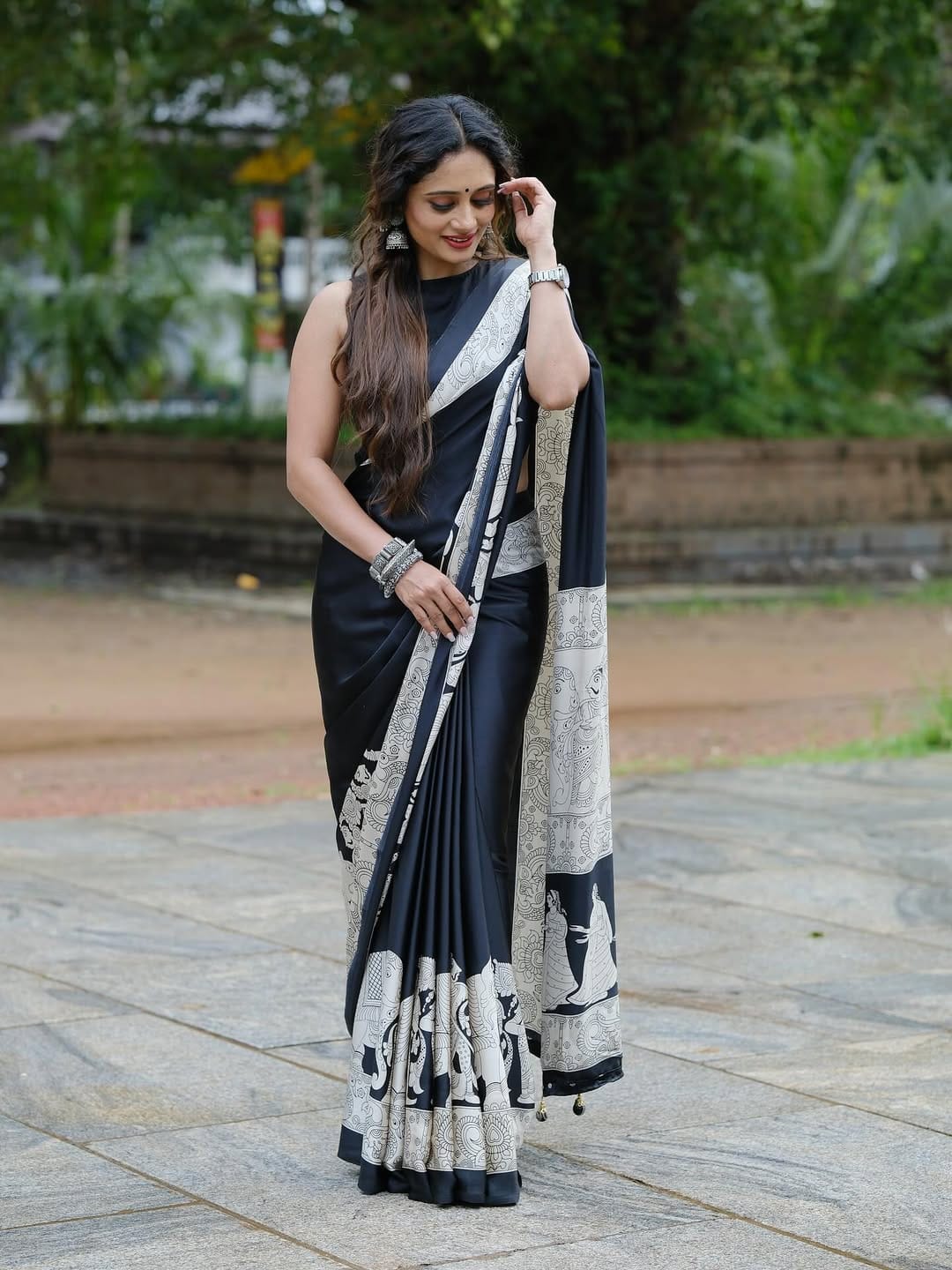 New One Minute Ready To Wear Elephant Digital Printed Crape Silk Cream-Black Saree