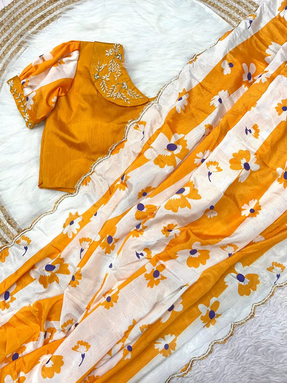 New Designer Digital Printed Chinnon Saree - Yellow
