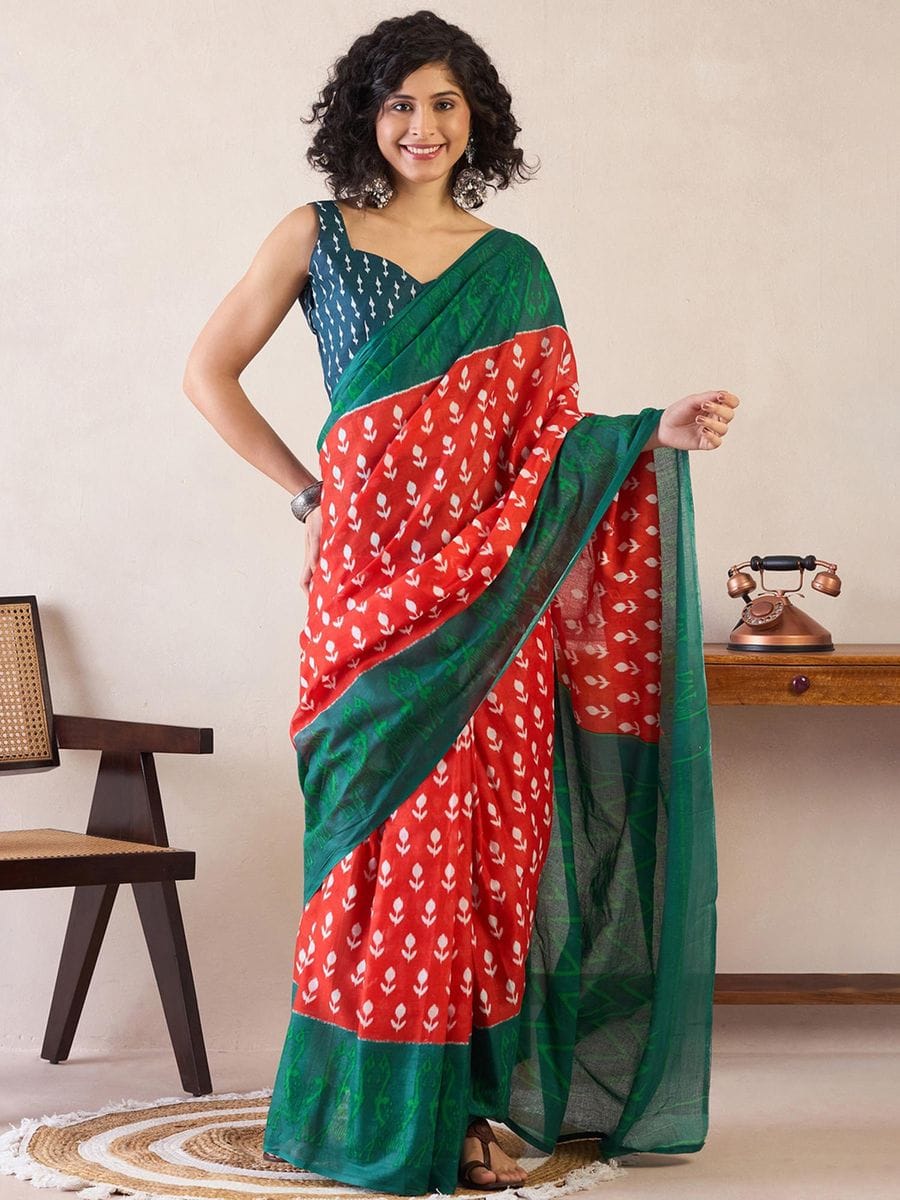 New One Minute Ready To Wear Flower Designed Pure Soft Mul Cotton Silk Red Orange Saree With  Pocket Along With Same Model  Unstiched Blouse Piece