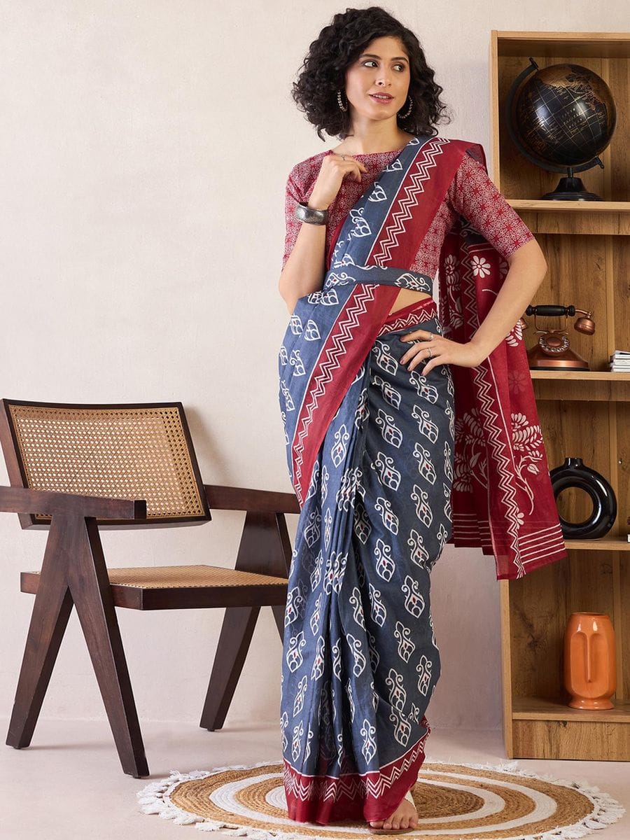 New One Minute Ready To Wear  Pure Soft Mul Cotton Silk Dark Grey Saree With  Pocket Along With Running Unstiched Blouse Piece