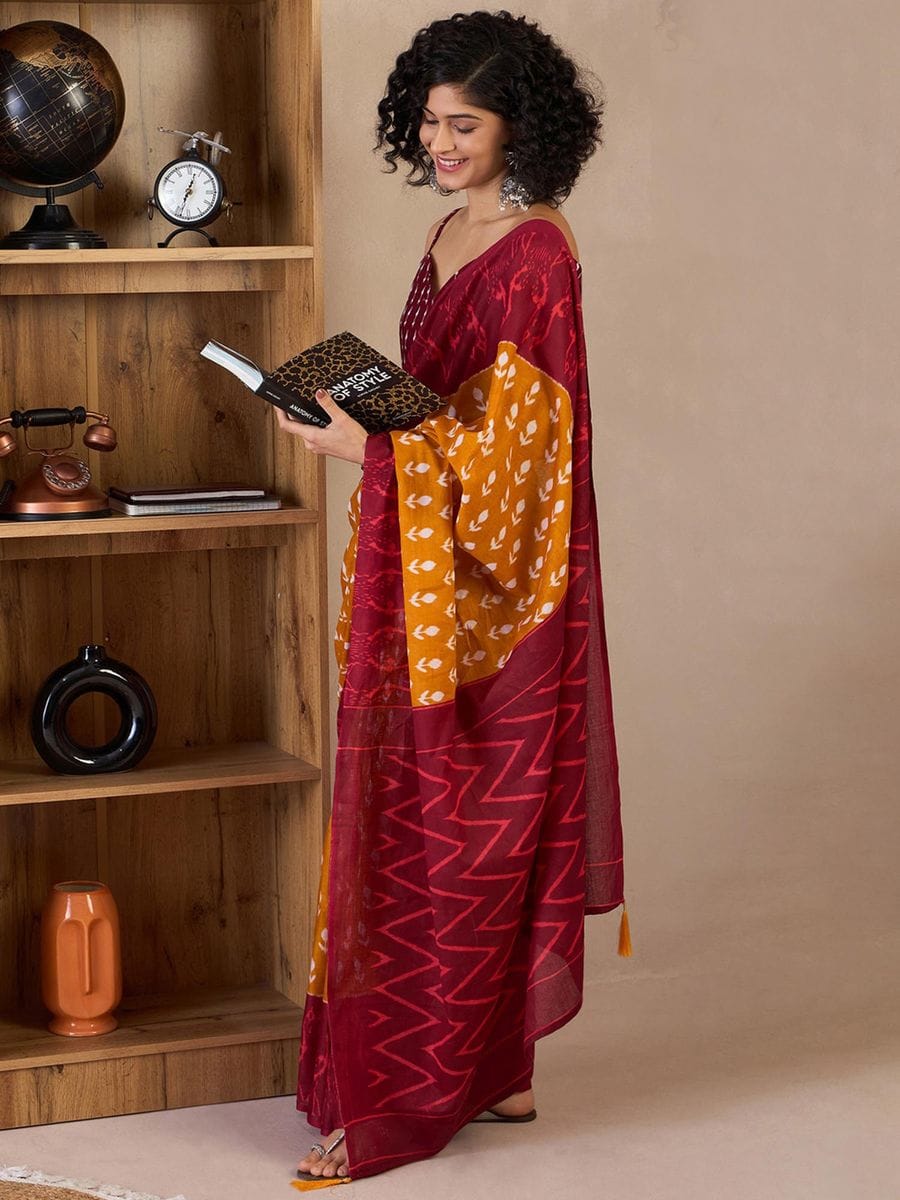 New One Minute Ready To Wear Flower Designed Pure Soft Mul Cotton Silk Musturd Yellow Saree With  Pocket Along With Same Model  Unstiched Blouse Piece