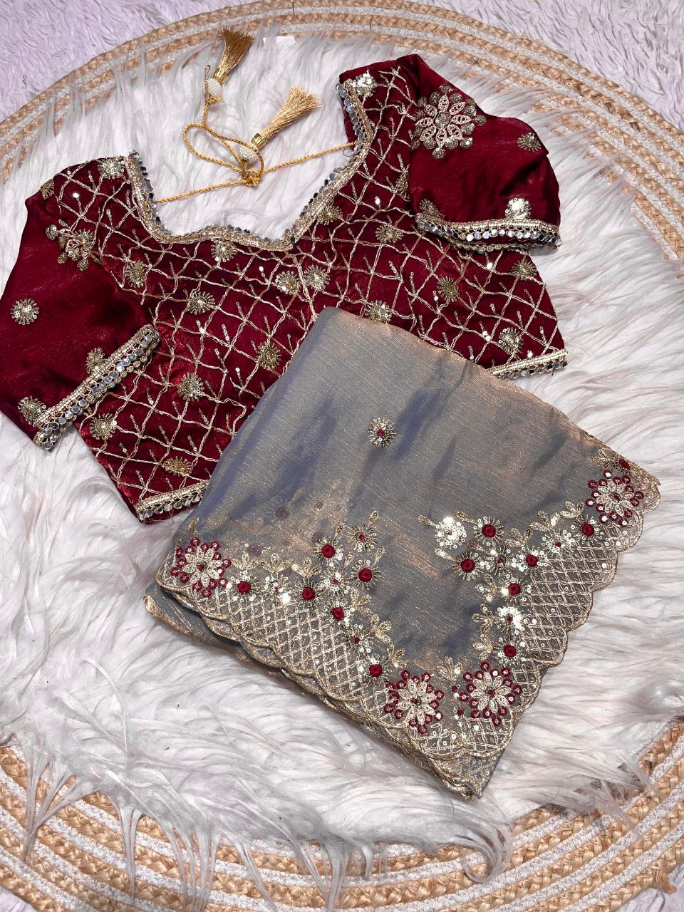 New Designer Fendy Chiffon Two Tone Saree - Grey