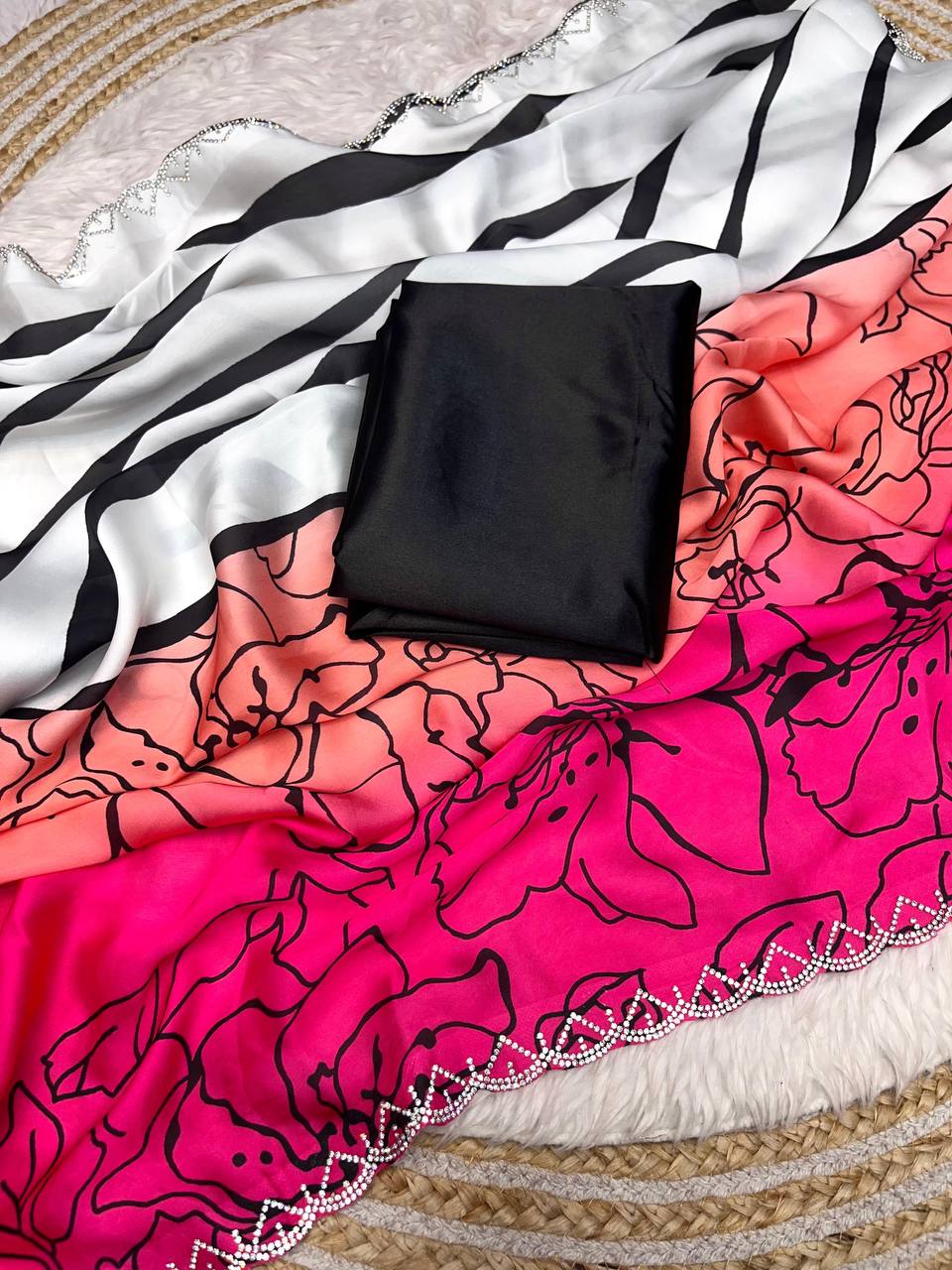 New Designer Bollywood Style Digital Printed Peach & Pink Shade Soft Sattin Georgette Saree