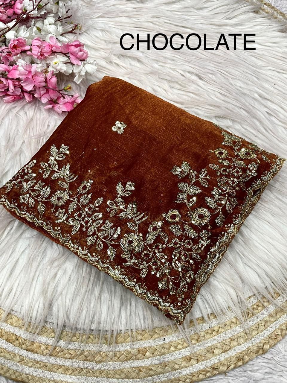 New Designer Fendy Chiffon Two Tone Saree - Chocolate Brown