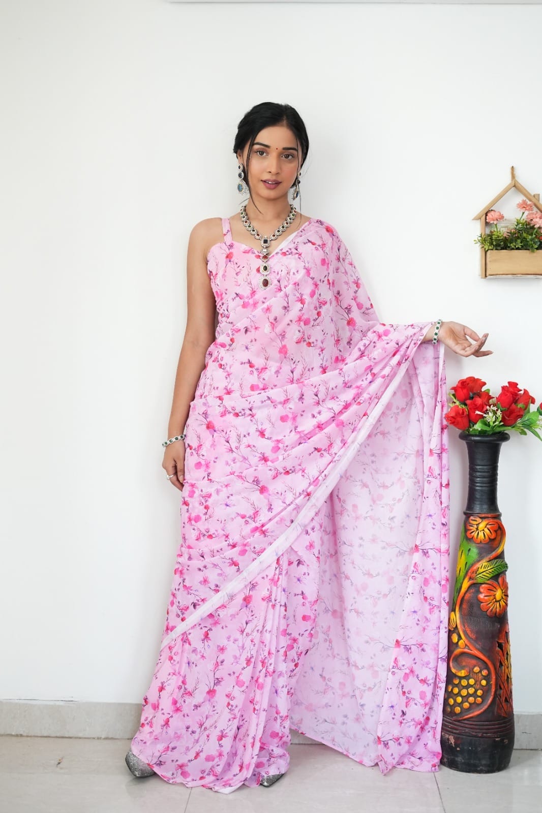 New One Minute Ready To Wear  Pure Soft Georgette Silk Multi Flower Design Pink Saree Along With Same Colour Unstiched Blouse Piece