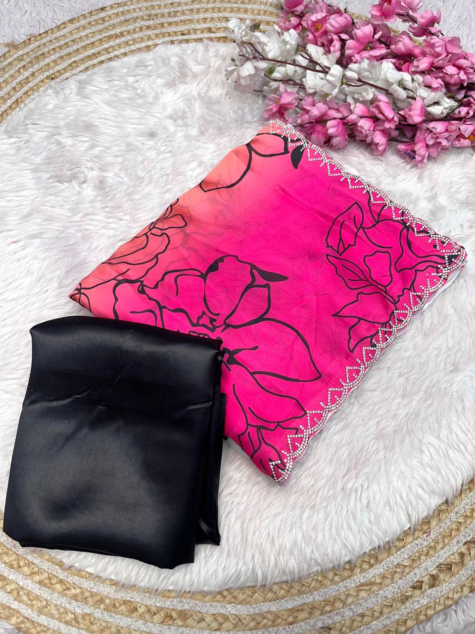 New Designer Bollywood Style Digital Printed Peach & Pink Shade Soft Sattin Georgette Saree