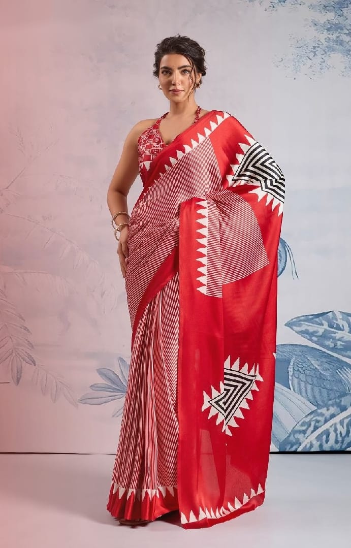 New One Minute Ready To Wear Digital Printed Crape Silk Red Saree