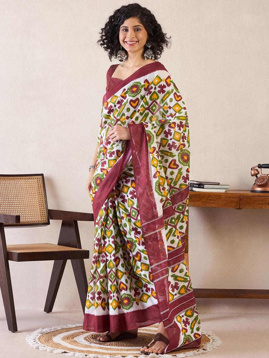 New One Minute Ready To Wear Flower Designed Pure Soft Mul Cotton Silk Maroon Bordered White Saree With  Pocket Along With Running Unstiched Blouse Piece