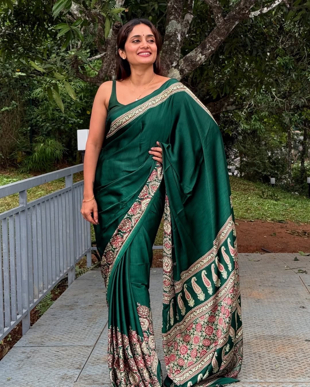 New One Minute Ready To Wear Digital Printed Crape Silk Bottle Green Saree