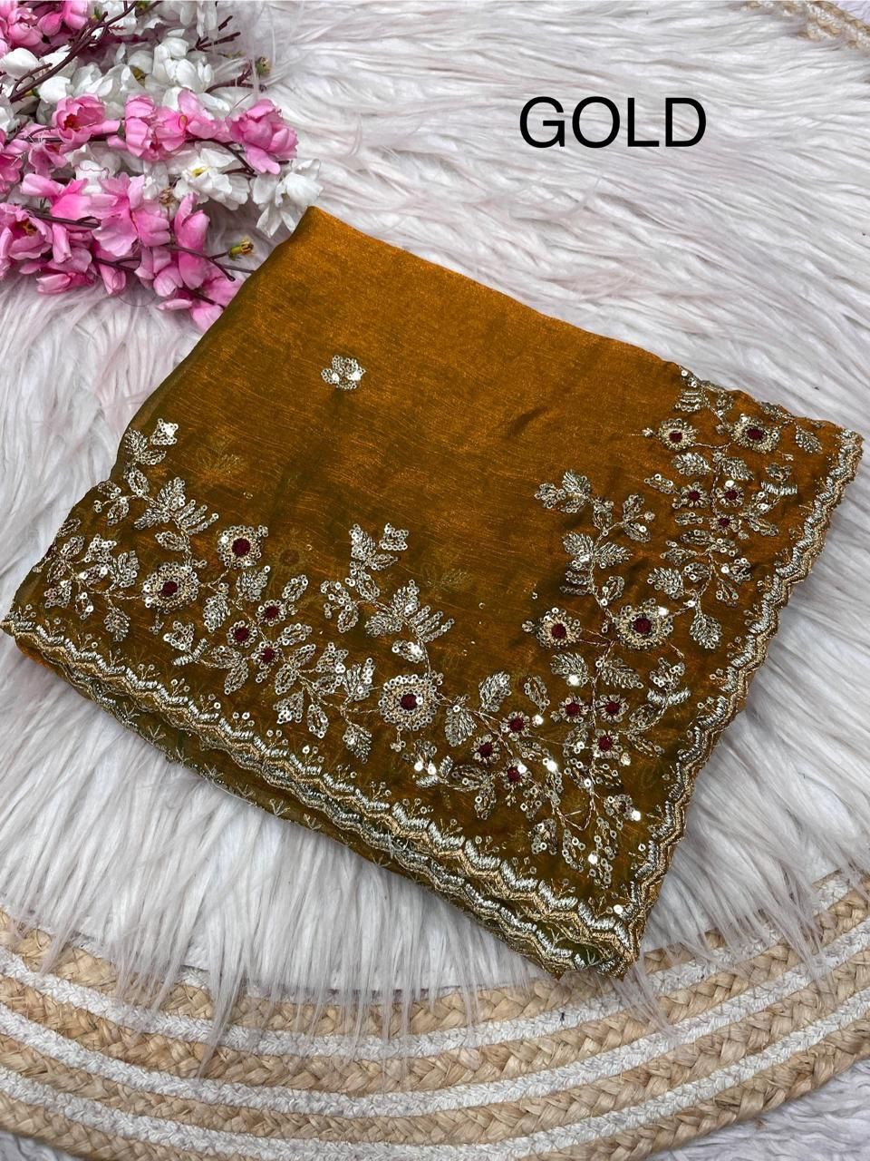 New Designer Fendy Chiffon Two Tone Saree - Golden