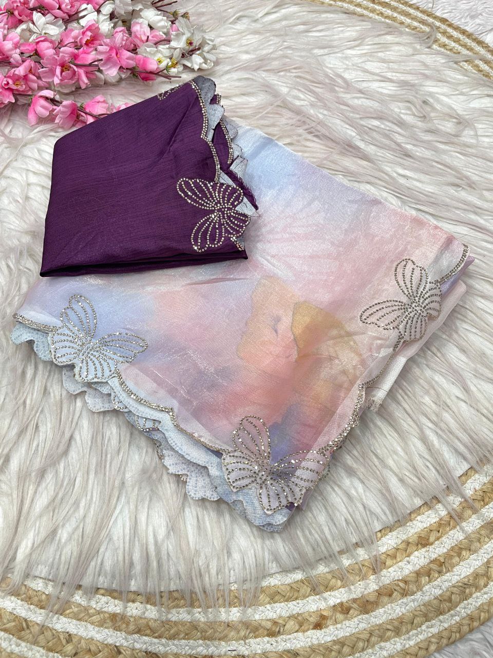 New Designer Digital Printed Fandy Sattin Saree With Jarkhan And Siroski Work