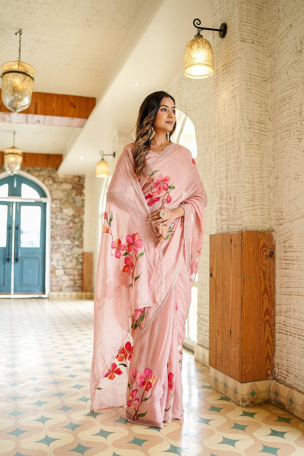 New One Minute Ready To Wear Soft Georgette Silk Saree With Digital Printed Flowered Design With Same Modeling Pattern Hand worked Stiched Blouse