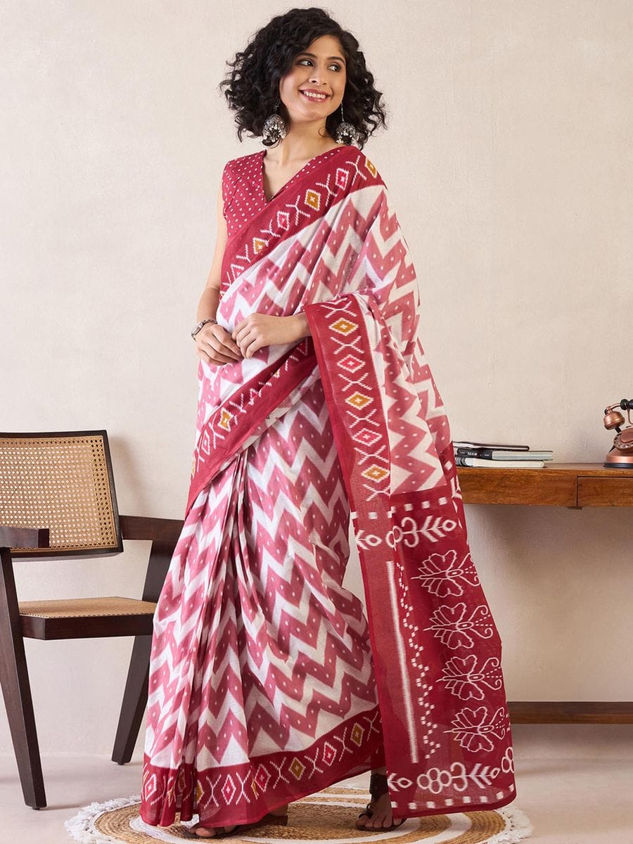New One Minute Ready To Wear  Pure Soft Mul Cotton Silk zigzag Design Maroon-White Saree With Pocket Along With Same Model Digital printed Unstiched Blouse Piece