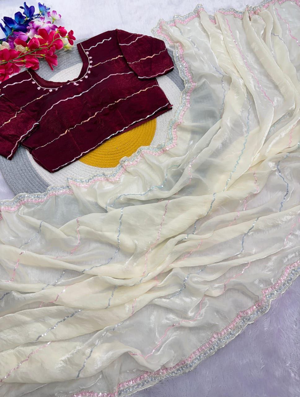 New Designer Fandy Sattin Saree With Brits Work - Lemon Yellow