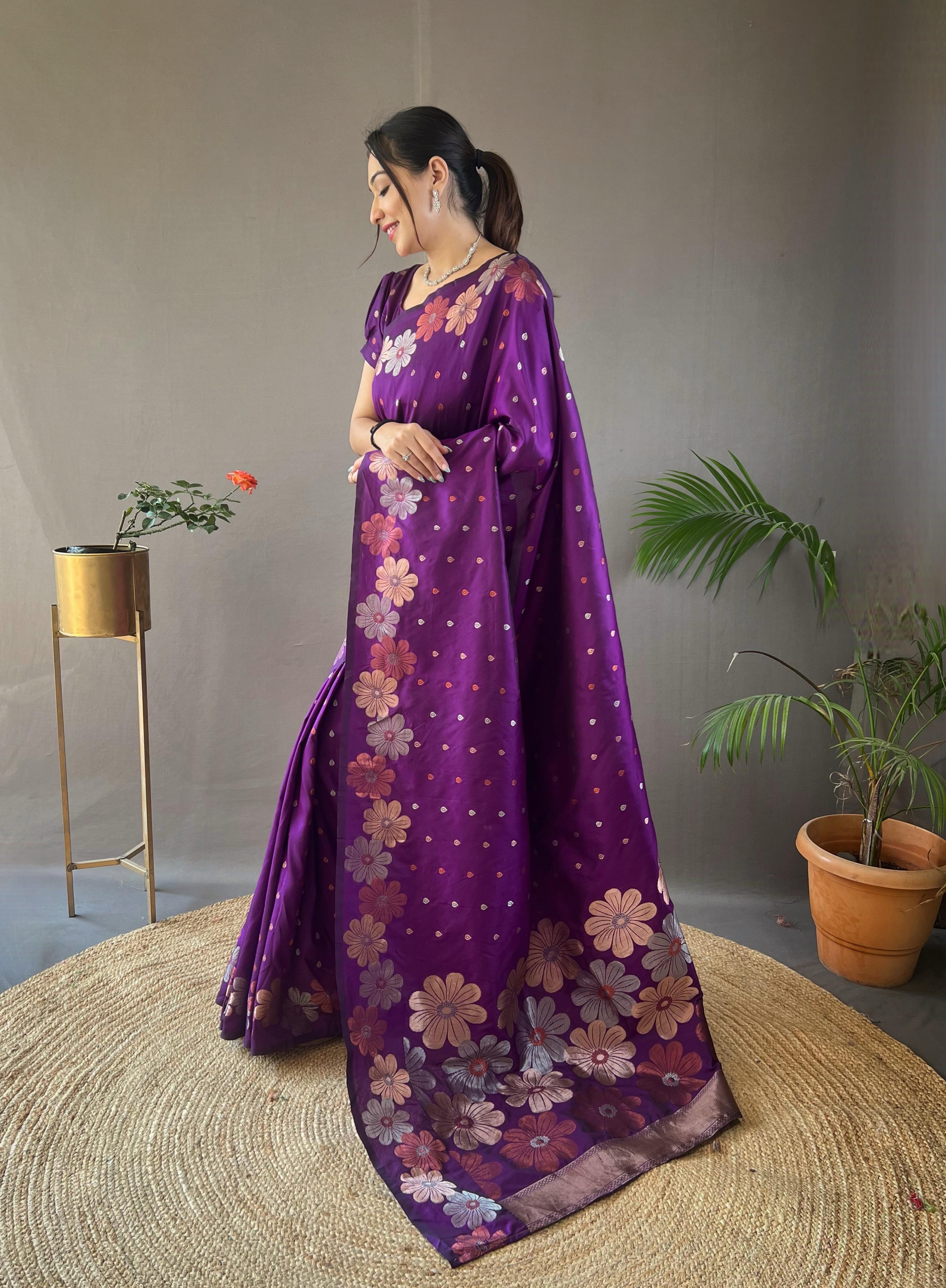 New Designer Pure Soft Silk Violete Saree With Copper and Gold Weaving All Over Saree With Running Unstiched Blouse Piece