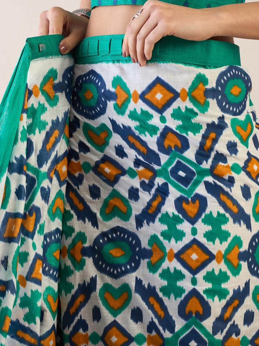 New One Minute Ready To Wear Flower Designed Pure Soft Mul Cotton Silk Teal Blue Bordered White Saree With  Pocket Along With Running Unstiched Blouse Piece