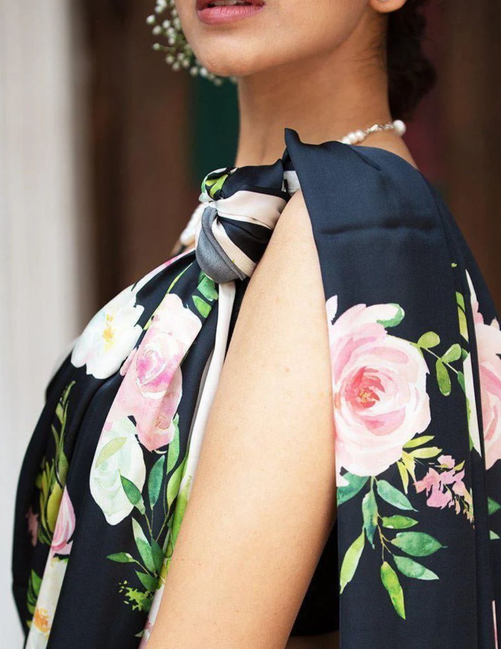 New Designer Original Japan Satin Leaf Rose Flower Printed Black Saree With Digital Printed Unstiched Blouse Piece