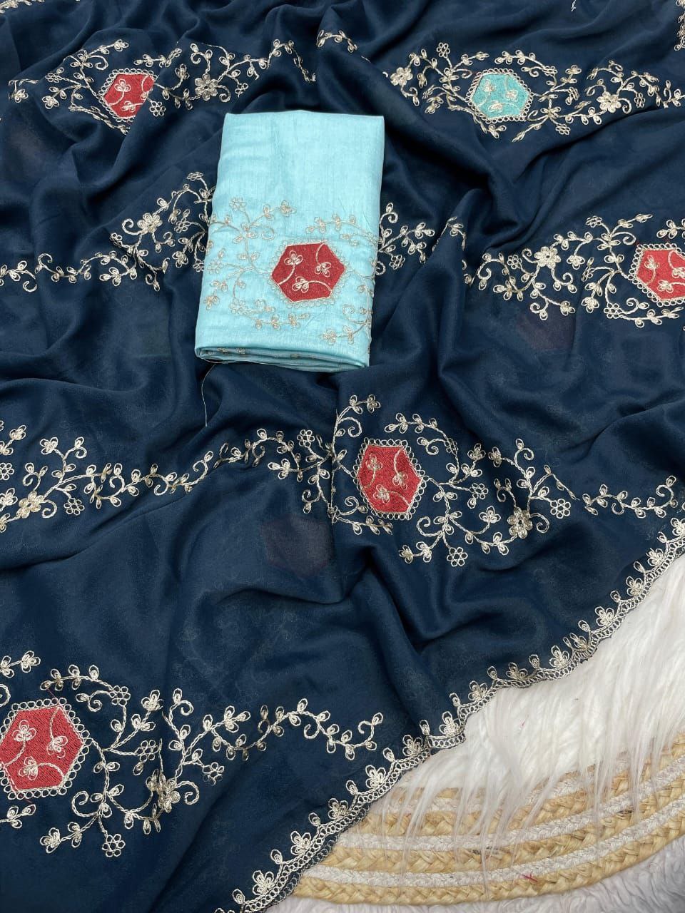 New Designer Blooming Chocolate Silk Saree - Dark Agean Blue