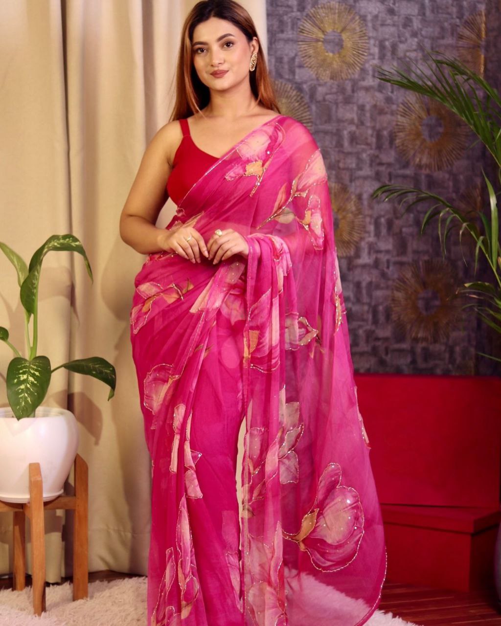 New Designer Floral Printed Tebby Organza Pink Saree