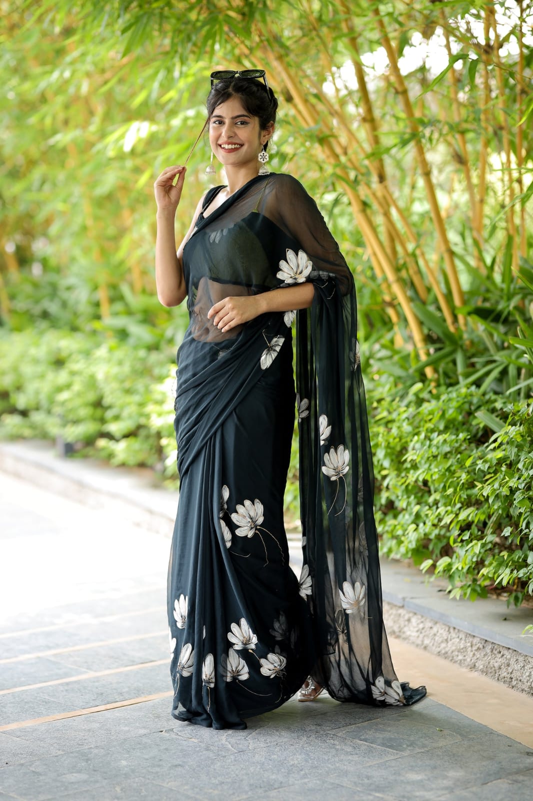 New One Minute Ready To Wear Pure Soft Georgette Silk Flower Designed Black Saree With Same Model  Unstiched Blouse Piece