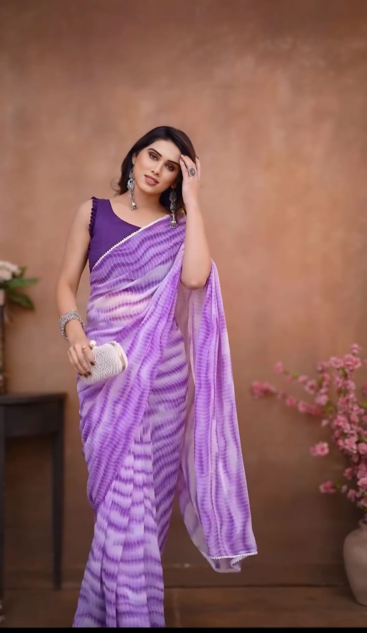 New One Minute Ready To Wear Laheriya Printed Pure Soft Georgette Silk Purple Saree Along With Embroidery Unstiched Blouse Piece
