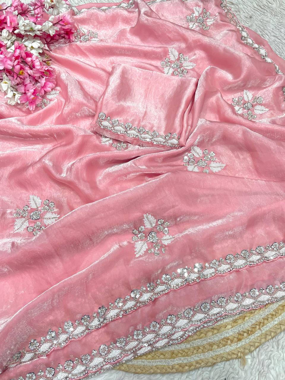 New Designer Fandy Sattin Saree With Brits Work - Peach