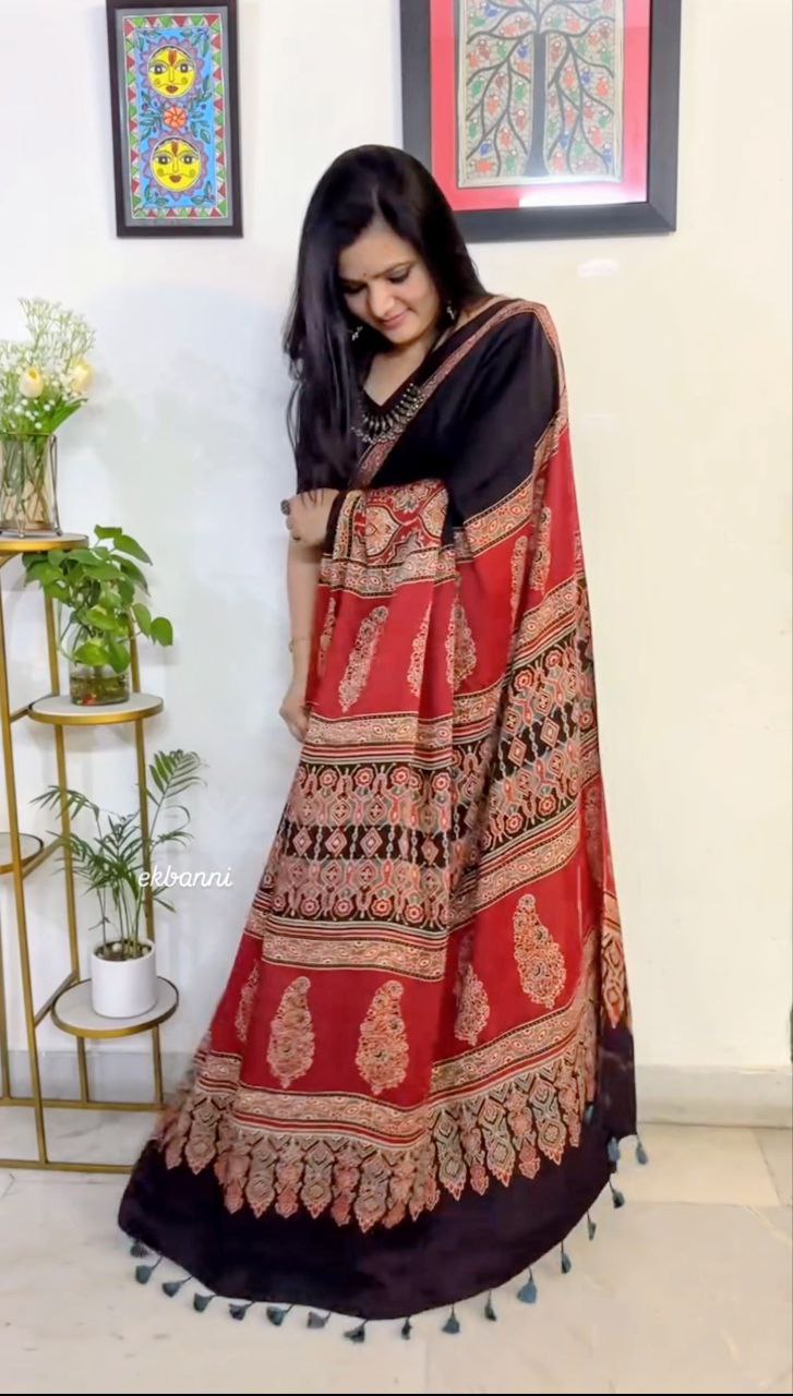 New Designer Premium Ajrakh Printed Satin Saree