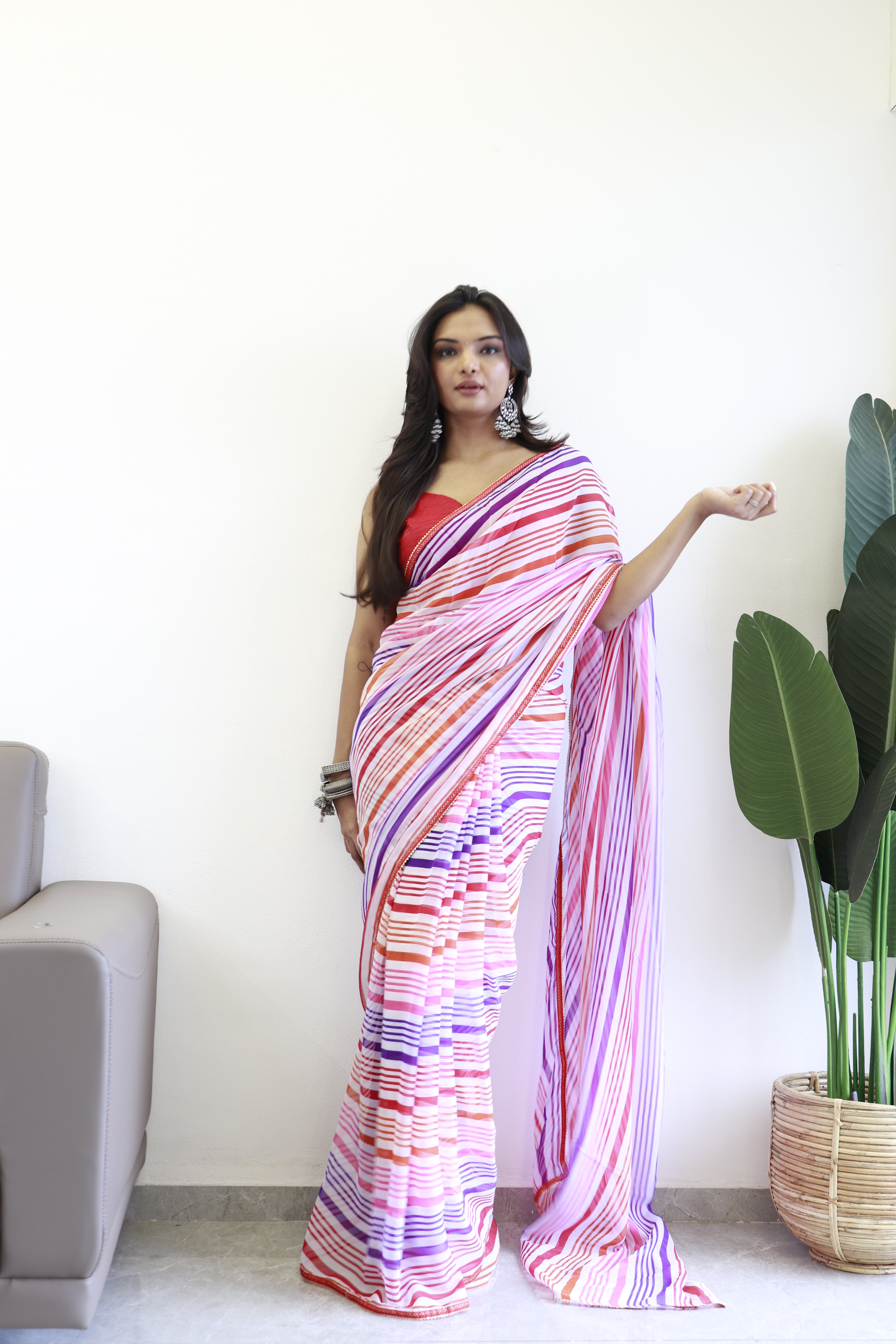 New One Minute Ready Wear Pink Multicolor Strip Saree