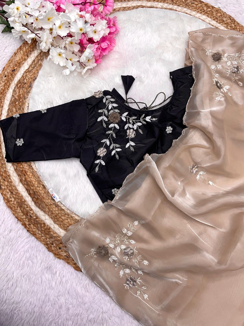 New Designer Jimmy Choo Satin Saree With Khatli Cutdana Handwork - Chickoo