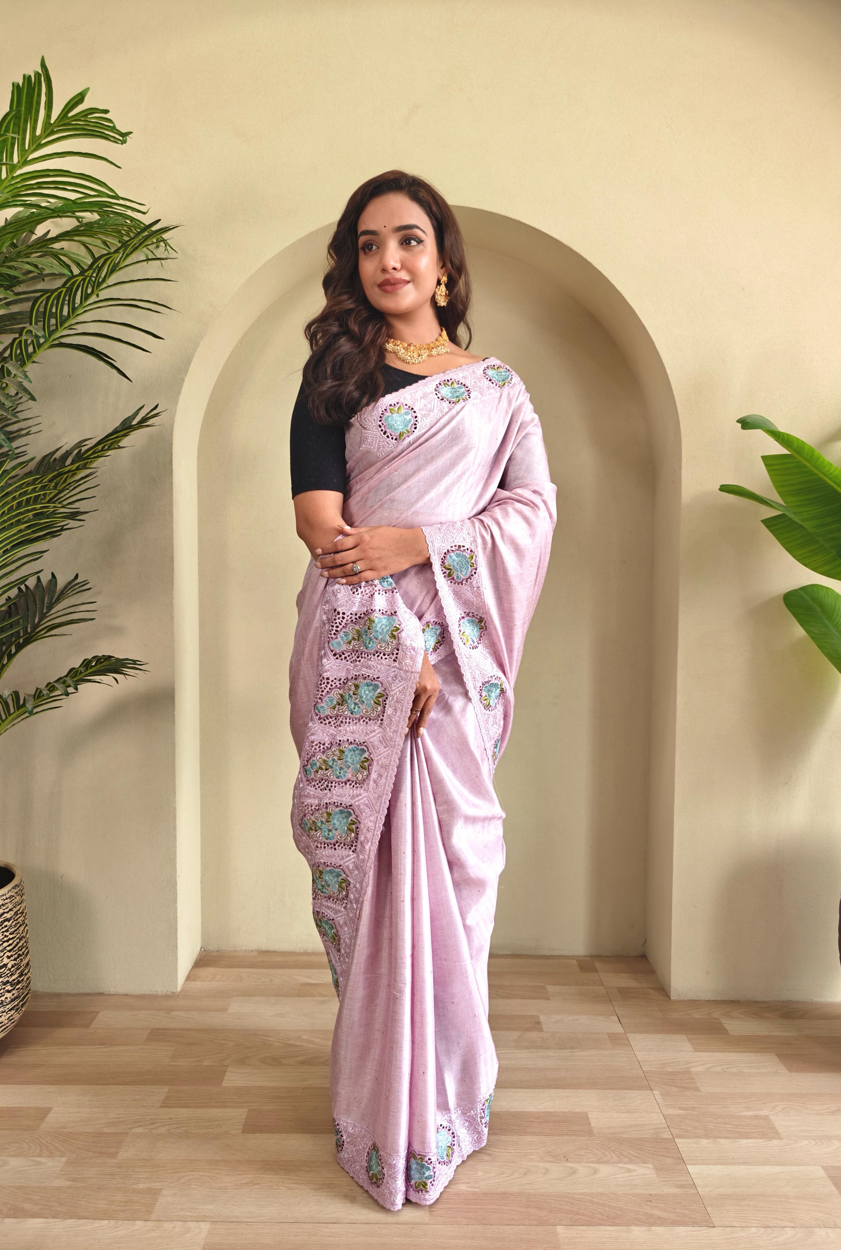 New Designer Soft Tussur Silk Pastel purple Saree With Super Fine Embroidered Pattern With Running Unstiched Blouse Piece