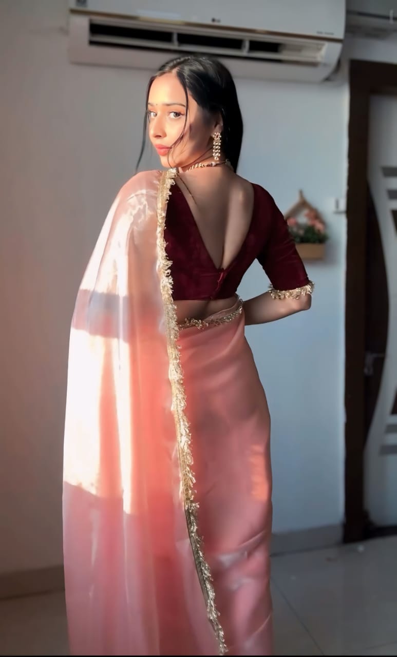New One Minute Ready Wear Peach Organza Saree