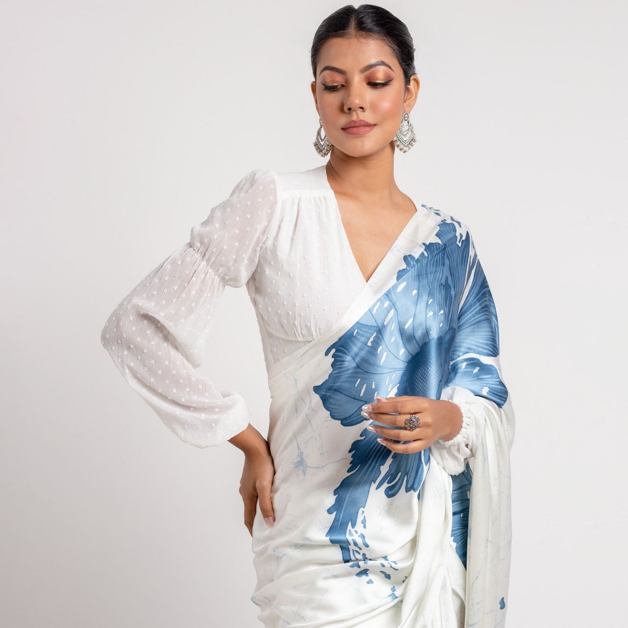 New Designer Original Japan Satin Devsena White Saree With Digital Printed Blue Flower